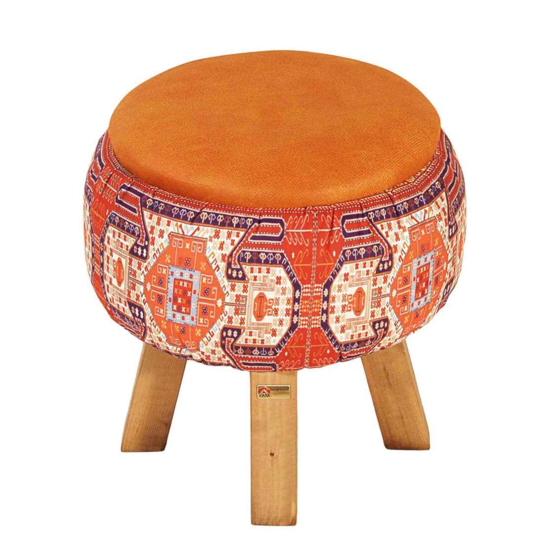 Round Velvet Footstool with Wooden Legs Inspired by Persian Art Orange
