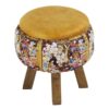 Round Velvet Footstool with Wooden Legs Inspired by Persian Art Yellow Pictorial