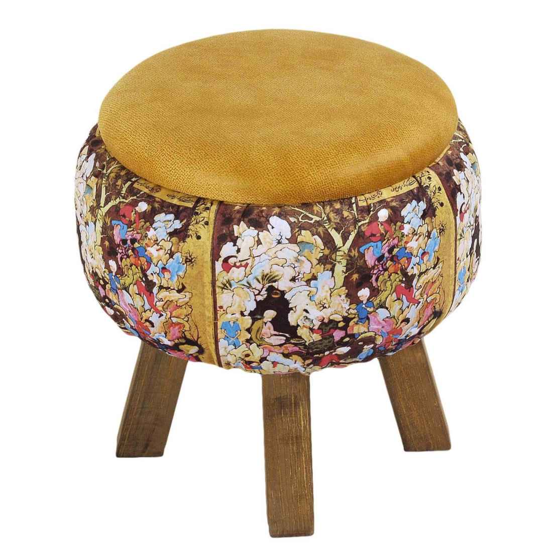 Round Velvet Footstool with Wooden Legs Inspired by Persian Art Yellow Pictorial