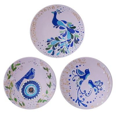 Hand-Painted Persian Pottery Decorative Display Plate, Tavoos Peacock and Birds Design