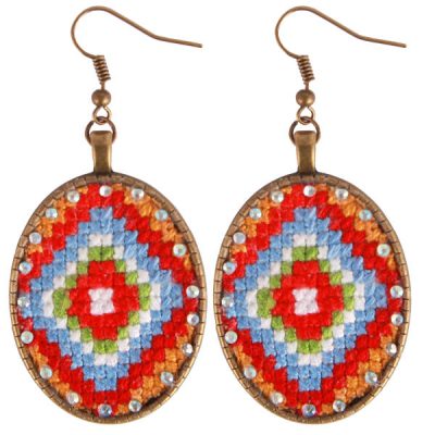 Persian Embroidered Earrings Balochi Traditional Suzani Red Flowers