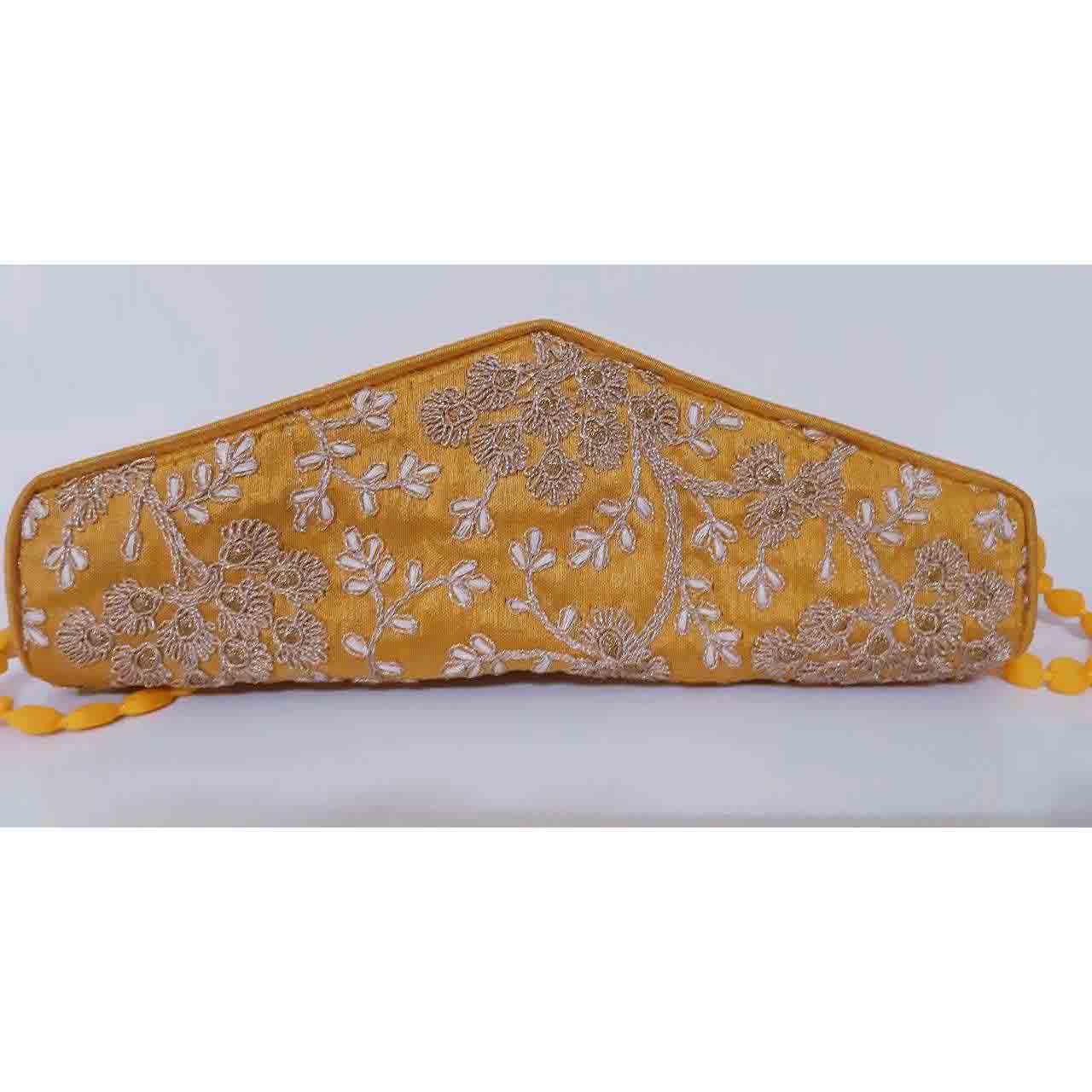 Embroidered Clutch Handbag with Golden Floral Design – A4