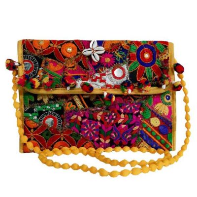 Embroidered Velvet Clutch Handbag with Floral Circles