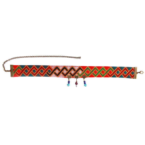 Traditional Persian Embroidered Necklace with Balochi Red Design