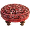 Traditional Red Persian Footstool with Wooden Legs and Velvet Fabric Round