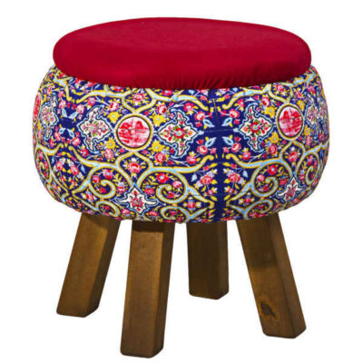 Round Velvet Footstool with Wooden Legs Inspired by Persian Art Red Akam
