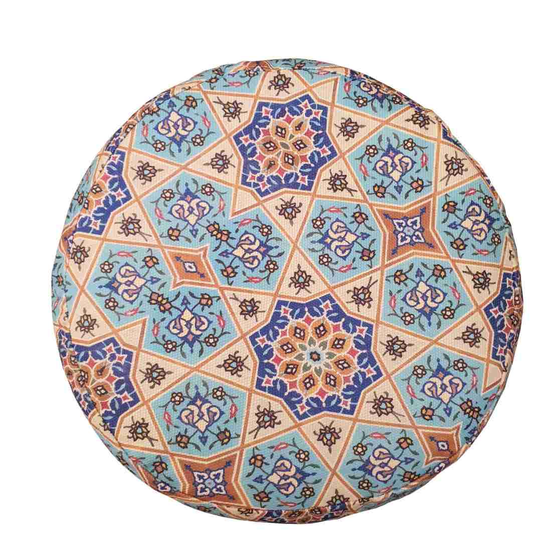 Round Velvet Footstool Inspired by Persian Art Blue Geometric