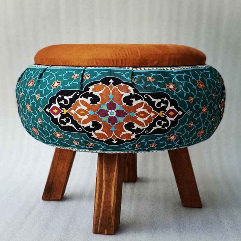 Round Velvet Footstool Inspired by Persian Art Green Flowers