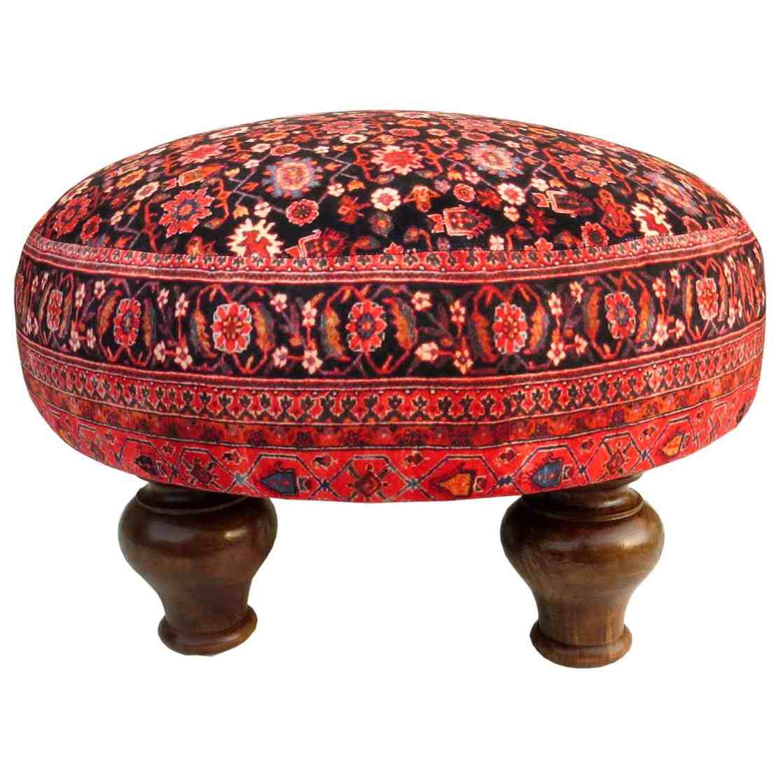 Traditional Red Persian Footstool with Wooden Legs and Velvet Fabric Round