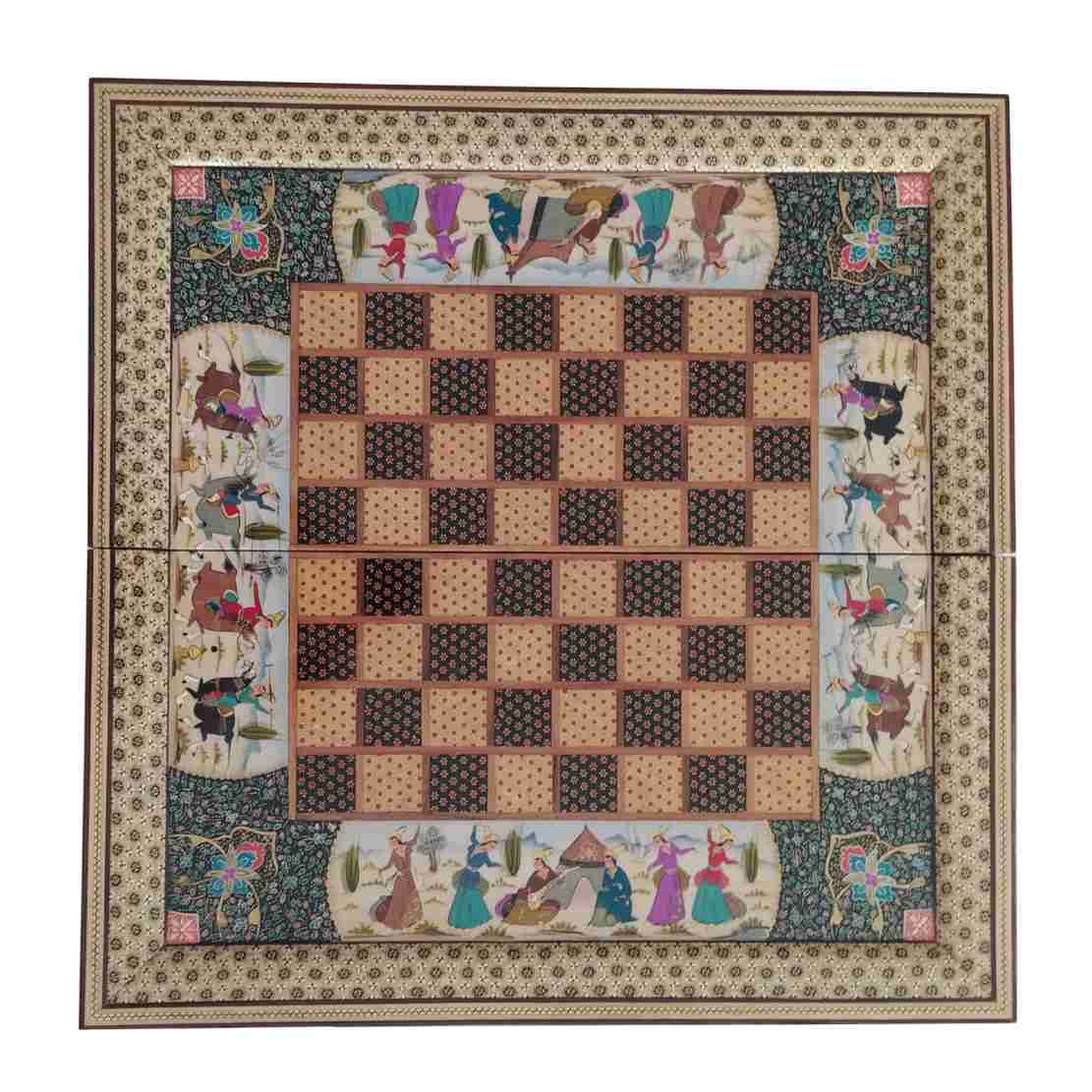 Persian Inlaid Wooden Marquetry Chess Board with Miniature Inspired Painting Design