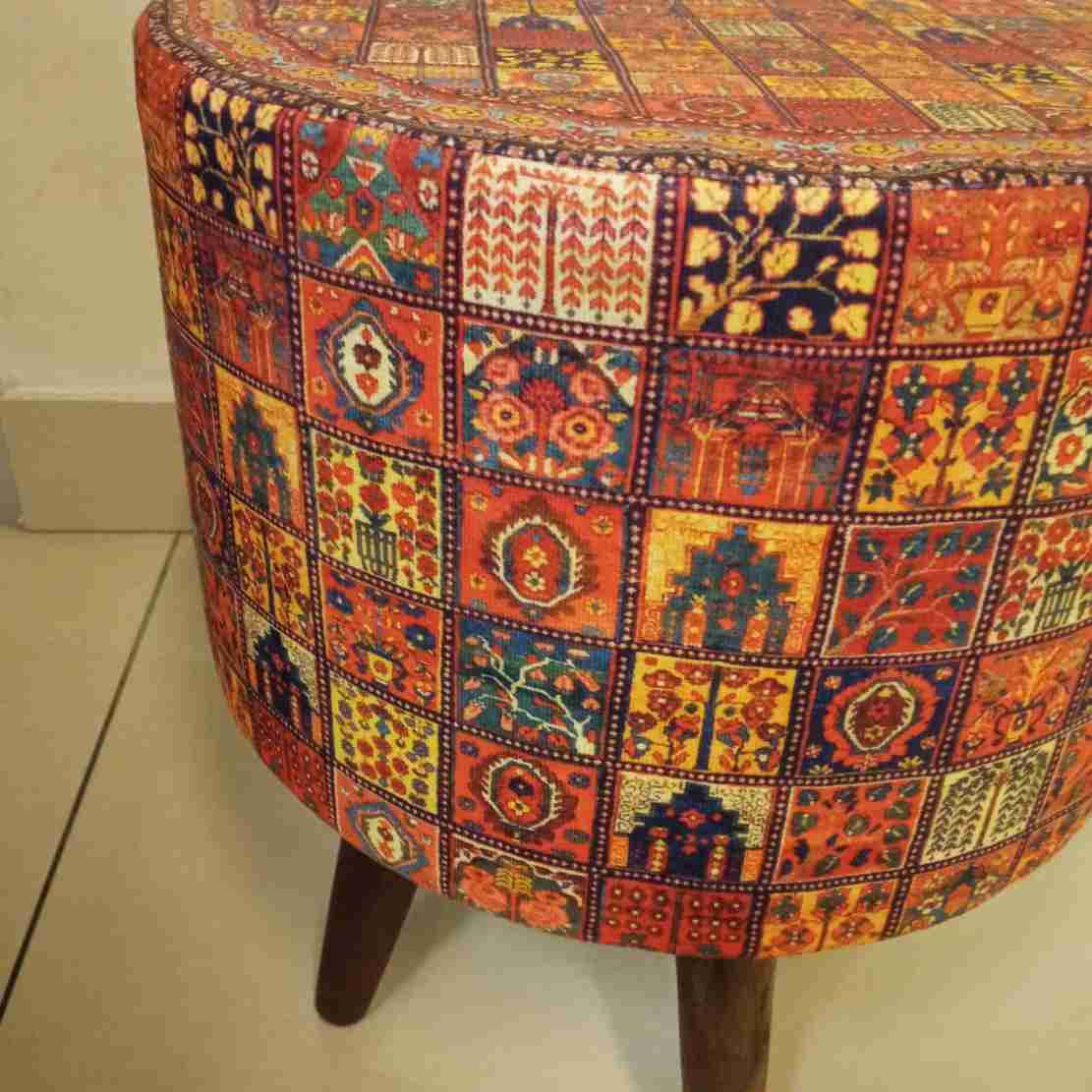 Round Velvet Footstool Inspired by Persian Art