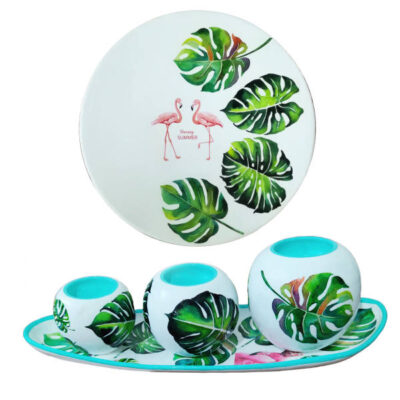 Persian Pottery Tealight Candle Holder Set with Decorative Plate, Floral Design