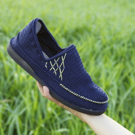 Handcrafted Persian Giveh Shoes – Navy Blue Geometric Model
