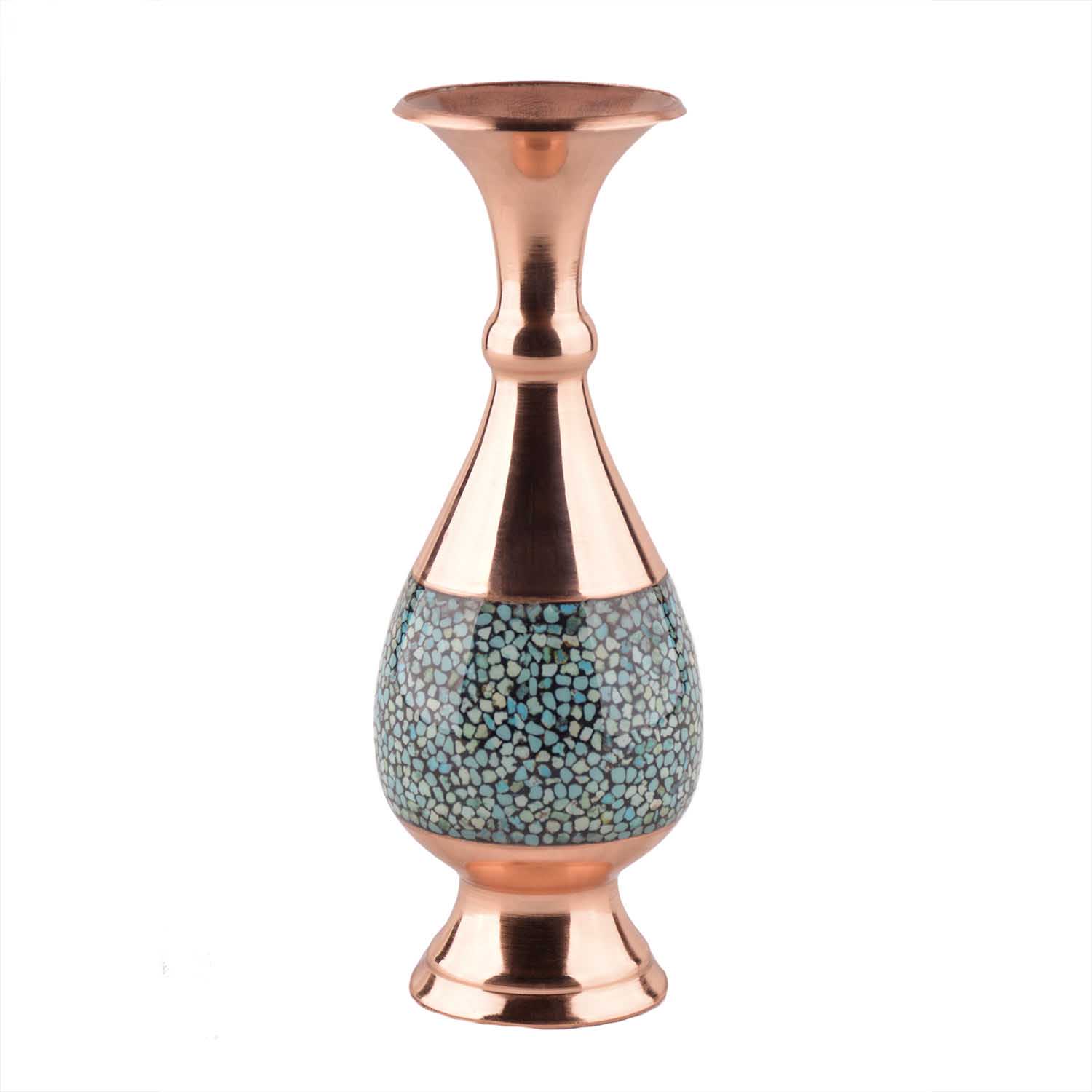 Handcrafted Decorative Persian Inlaid Turquoise Copper Vase, Featuring the Yas Model with an Elegant Geometric Motif