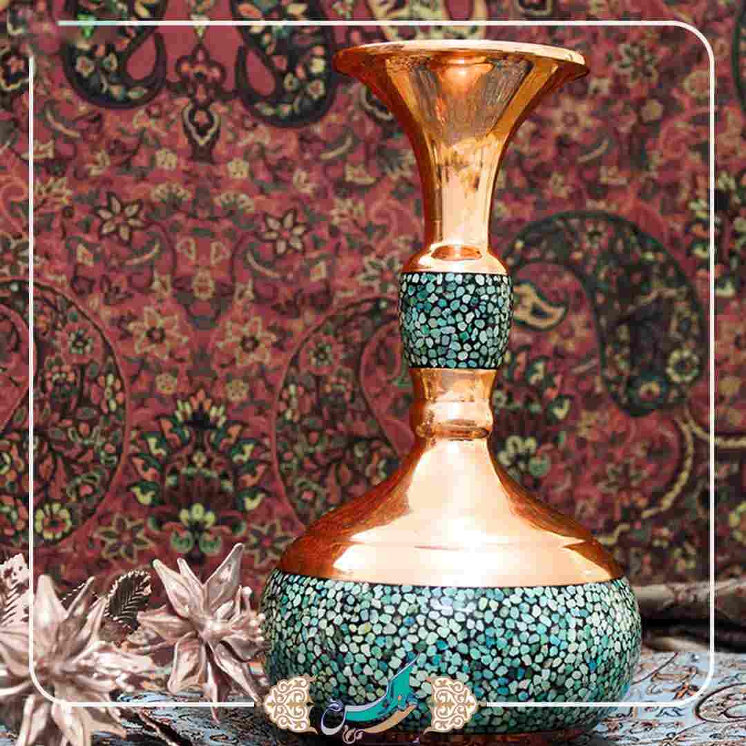 Handcrafted Decorative Persian Inlaid Turquoise Copper Vase, Featuring the Fgh Model with a Traditional Geometric Pattern