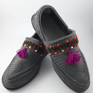 Handcrafted Persian Giveh Shoes – Gray Tasseled Artistic Model
