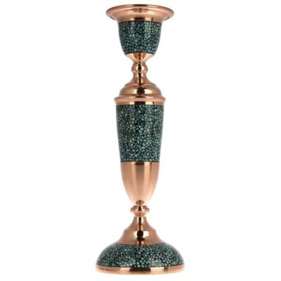 Handcrafted Persian Copper Candlestick, Turquoise Inlay, Ornate Yas Design
