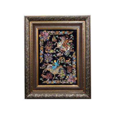 Hand-Knotted Persian Silk Pictorial Wall Hanging Rug – Hunting Scene, Qom