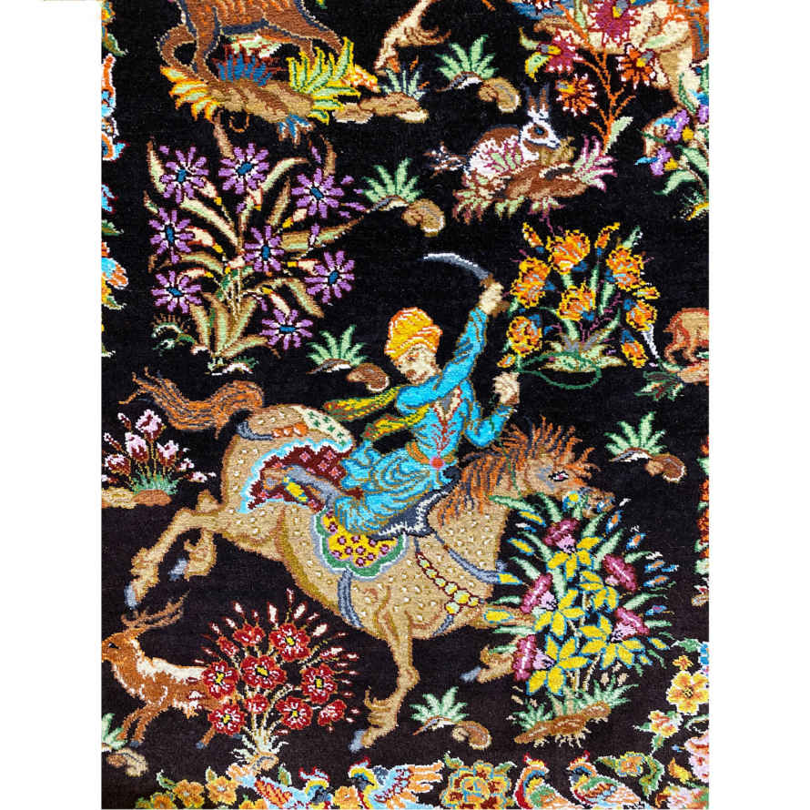 Hand-Knotted Persian Pictorial Rug – Qom Pure Silk Hunting Ground