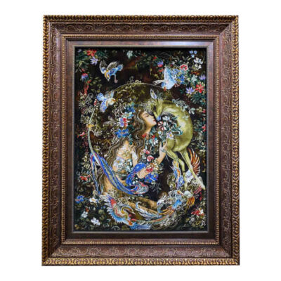 Hand-Knotted Persian Silk Miniature Wall Hanging Rug – Persian Miniature Nature Scene, Tabriz