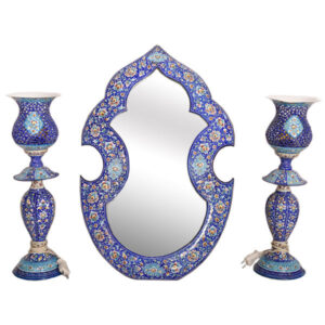 Persian Copper Mirror Frame & Candlesticks Set – Minakari Design