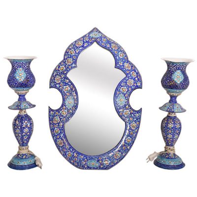 Persian Copper Mirror Frame & Candlesticks Set – Minakari Design