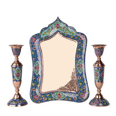 Persian Copper Mirror Frame & Candlesticks Set – Minakari