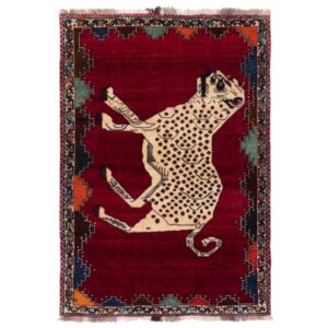 Hand-Knotted Persian Pictorial Gabbeh Accent Rug – Tiger Motif in Red Wool