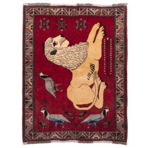 Hand-Knotted Persian Lion Motif Gabbeh Wool Rug – Red Wool