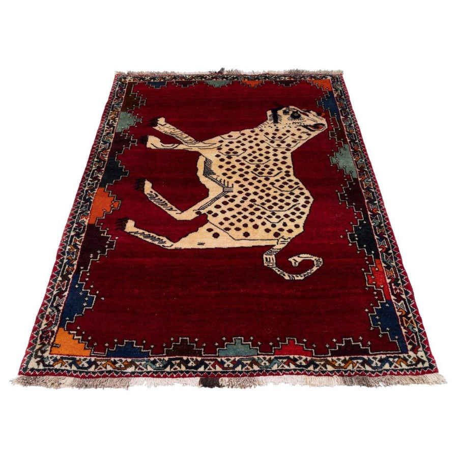 Hand-Knotted Persian Pictorial Gabbeh Accent Rug – Tiger Motif in Red Wool