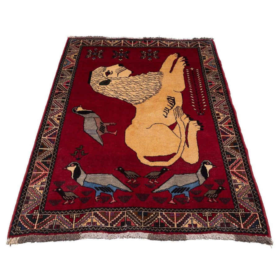 Hand-Knotted Persian Lion Motif Gabbeh Wool Rug – Red Wool