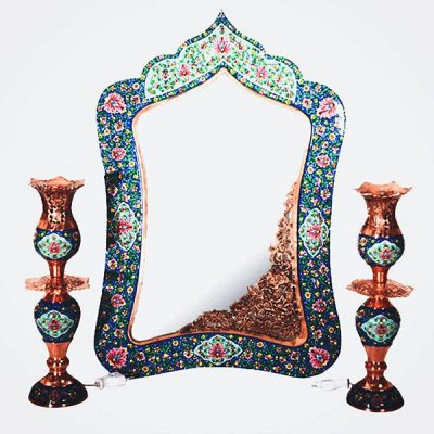 Persian Copper Mirror Frame & Candlesticks Set – Minakari Pardaz