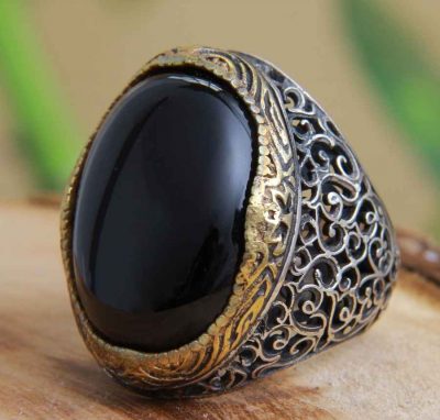 Black Agate Silver Gemstone Ring for Men – Elegance Model, Traditional Persian Design