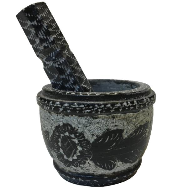 Stone Mortar & Pestle with Traditional Persian Floral Pattern Khorshid