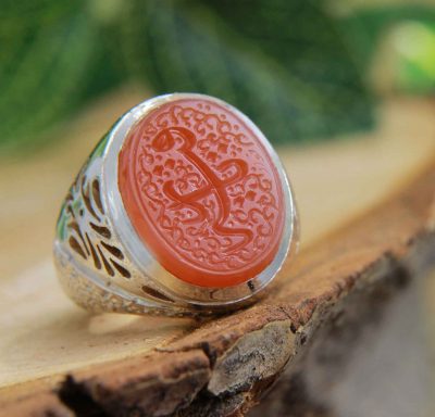 Red Yemeni Aqeeq Silver Gemstone Ring for Men – Ya Roghayeh Islamic Calligraphy, Traditional Design
