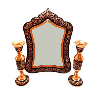 Engraved Persian Copper Mirror Frame & Candlesticks Set – Ghalamzani