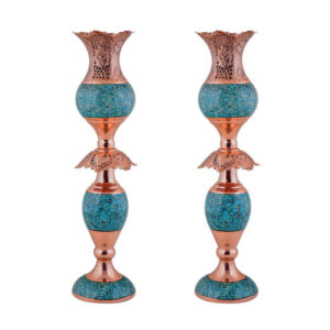 Handcrafted Persian Copper Candlestick – Inlaid Turquoise – Model Tulip