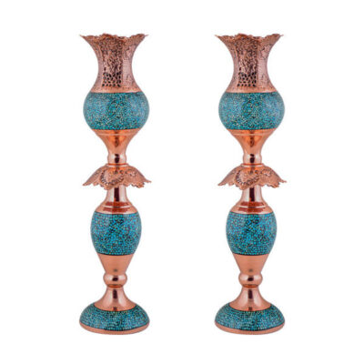 Handcrafted Persian Copper Candlestick, Turquoise Inlay, Ornate Tulip Design
