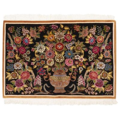 Hand-Knotted Persian Tabriz Nava Rug (Classical Elegant Vase Design) - Black Silk & Kork Wool
