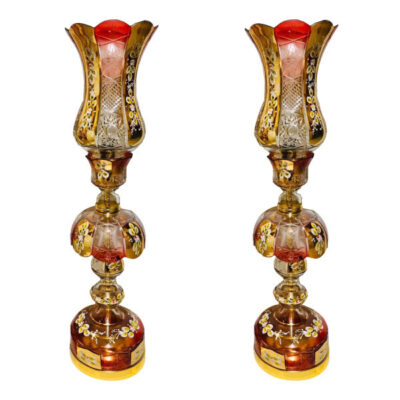Traditional Red Persian Crystal Lamp with Hanging Glass Pendants