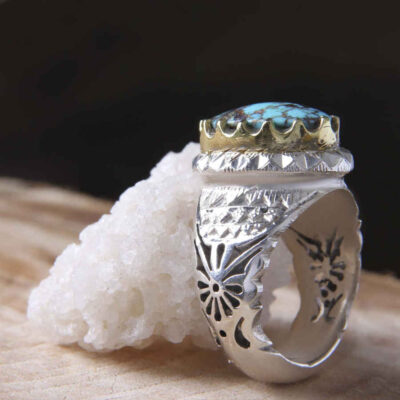 Neyshabur Turquoise Silver Gemstone Ring – Ovin Model, Traditional Persian Design
