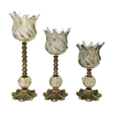 Set of 3 Persian Crystal Candlesticks, Ornate Tulip-Shaped Design, Decorative Candle Stand