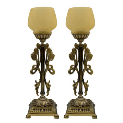 Set of 2 Persian Crystal Candlesticks with Brass Base, Ornate Tulip-Shaped Design
