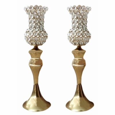 Set of 2 Persian Crystal Candlesticks with Metal Base, Ornate Tulip-Shaped Design