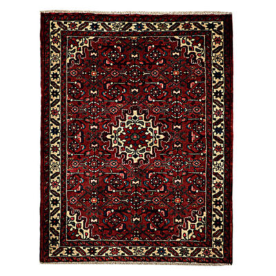 Hand-Knotted Persian Hamadan Rug (Traditional Intricate Garden Floral Medallion) - Red Wool