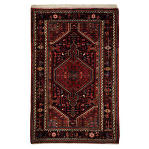 Hand-Knotted Persian Hamadan Rug (Intricate Tribal Geometric Medallion) – Navy Blue & Red Wool
