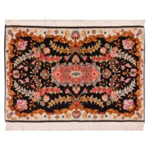 Hand-Knotted Persian Tabriz Rug (Classical Lachak Toranj Floral Medallion) – Black Silk & Wool