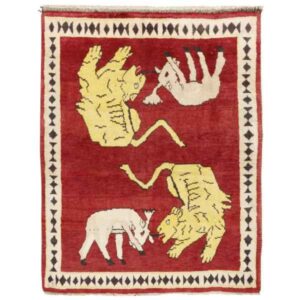 Hand-Knotted Persian Pictorial Gabbeh Rug with Animal Motifs – Red Wool