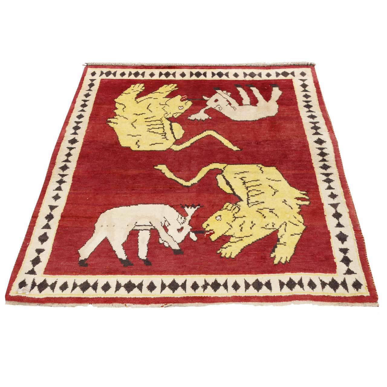 Hand-Knotted Persian Pictorial Gabbeh Rug with Animal Motifs – Red Wool