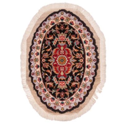 Hand-Knotted Persian Tabriz Rug (Classical Oval Floral Medallion) - Black Silk & Wool